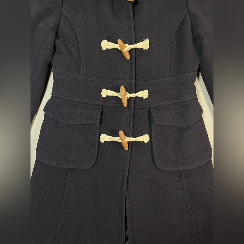 J Crew Duffle Coat, Removable Hood, Wood Toggles, Wool-Blend, Navy - Womens 4 - Picture 8 of 16